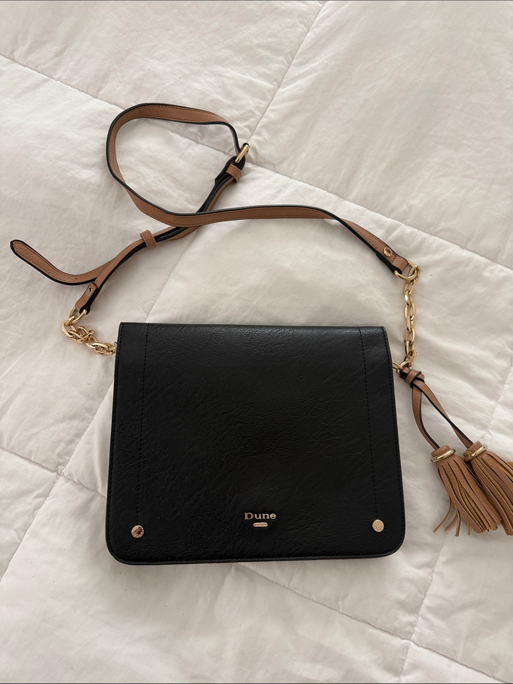 Dune London Black Crossbody Bag with Tan Strap and Tassel